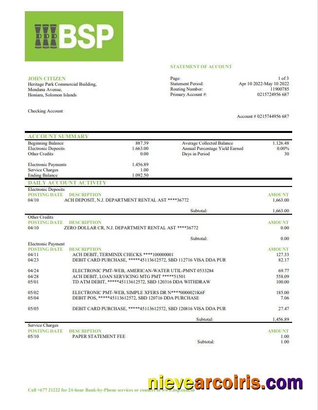 Solomon Islands BSP bank statement